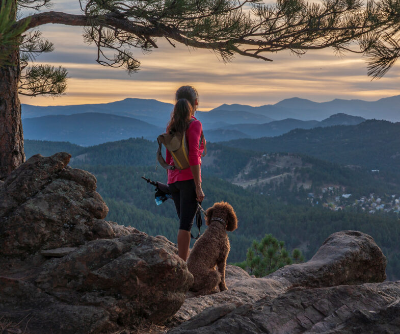 A hispanic woman is hiking with a dog, in the Rocky Mountains, of Colorado.