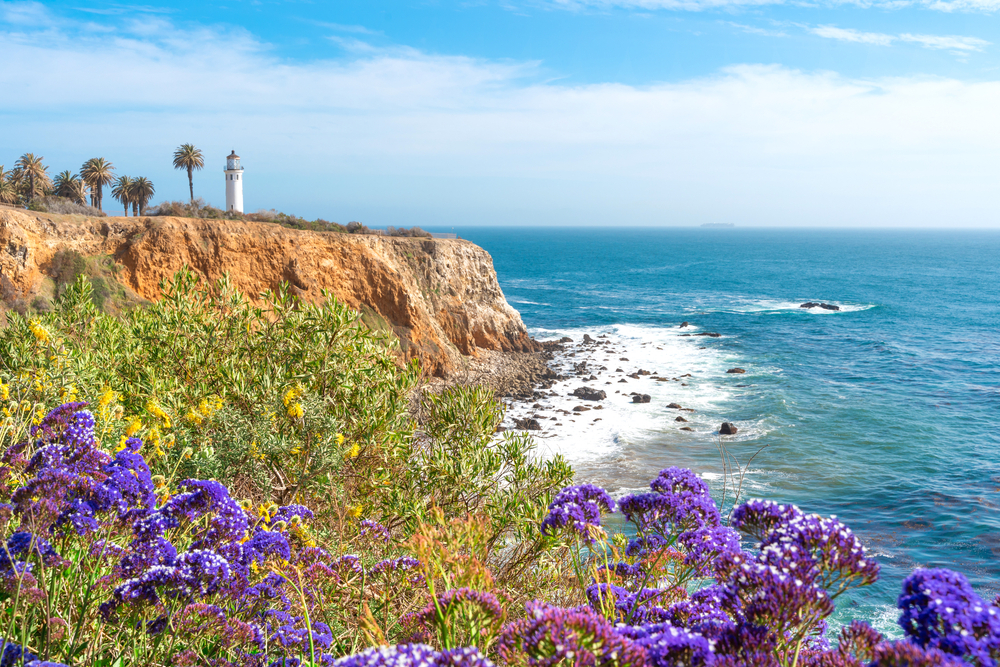Beautiful natural landscape on the Los Angeles coast at Point Vicente Lighthouse, ocean waves