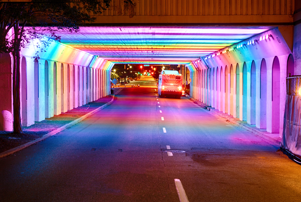 Rainbow lit bridge in Birmingham, Alabama