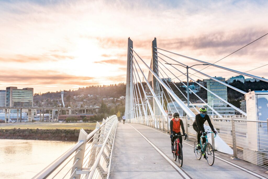 Two people riding a bike in Portland, Oregon